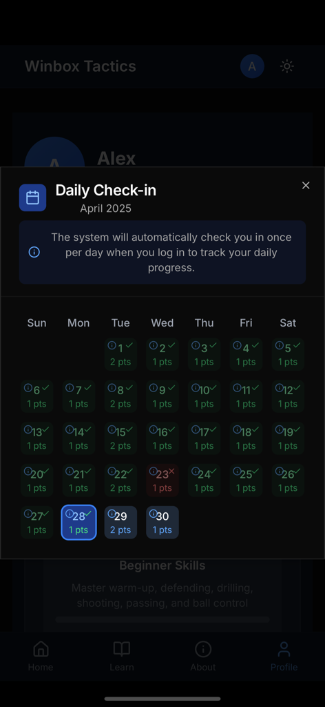 Winbox Tactics - Calendario de check-in diario mostrando puntos y progreso en la app Winbox Tactics