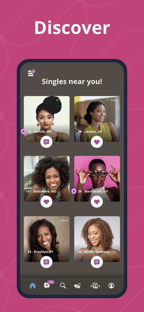 SoulSingles - Black Dating - Discover screen of the SoulSingles app displaying a grid of profile pictures of Black singles with their age and location