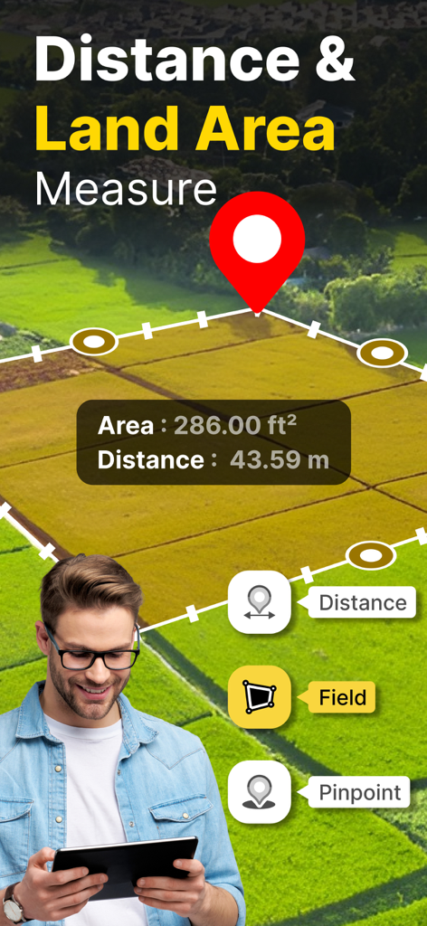 Land Distance Area Calculator - Captura de pantalla de la aplicación Calculadora de Área y Distancia de Terrenos mostrando mediciones de área y distancia en un mapa de campo.