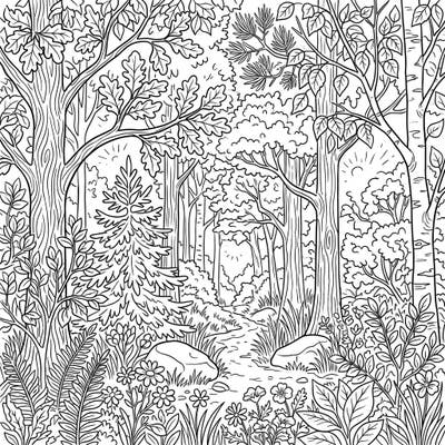 Journey into a serene summer forest with this beautifully detailed coloring page, perfect for seniors. Its clear outlines and intricate natural elements offer a truly relaxing and engaging artistic experience.