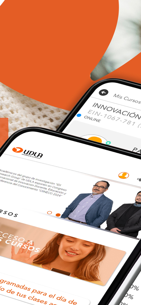 Dos teléfonos móviles mostrando el portal de estudiantes de Mi UDLA y las pantallas de cursos académicos
