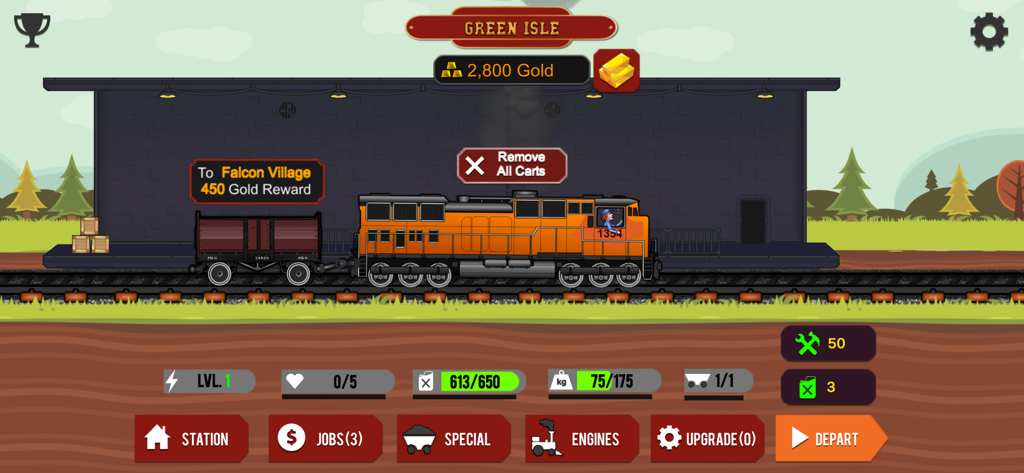 Rails And Metal HD - Gameplay screenshot of Rails And Metal HD showing an orange locomotive at a train station ready for a job delivery.