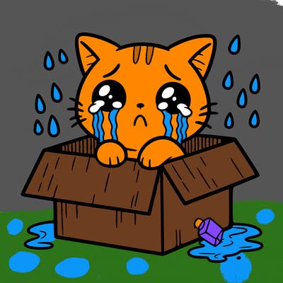 cat crying in a box and raining