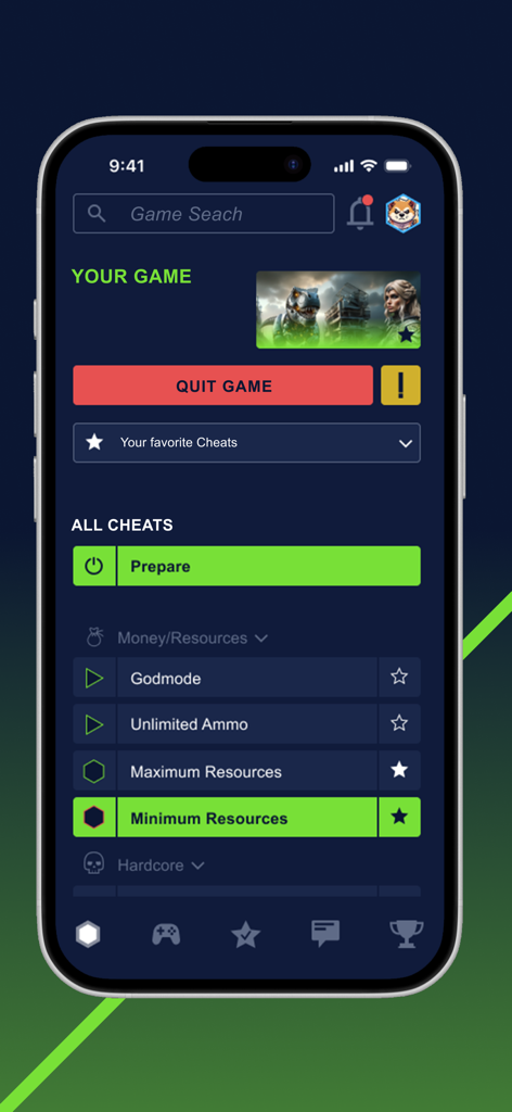 PLITCH Companion App - Smartphone screen showing the PLITCH Companion App interface with game cheats like Godmode and Unlimited Ammo for PC games.