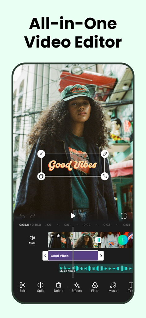 Reels Editor, AI Video: inMelo - Mobile screen showing the inMelo video editing interface with tools for text music and effects