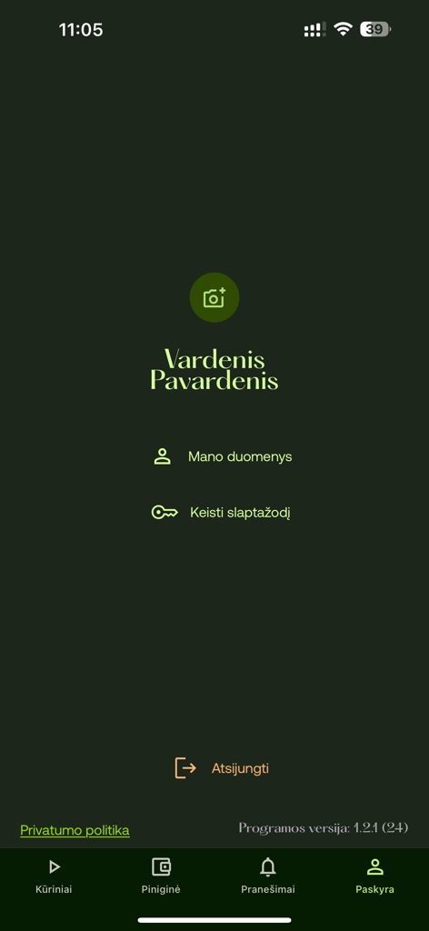 User account profile screen of the Latga app featuring settings for personal data and password management.
