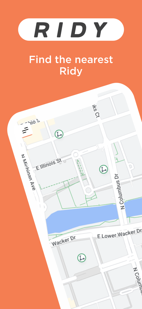 Ridy: Ride Around Town - Ridy app map interface showing available electric scooters for rent in Chicago