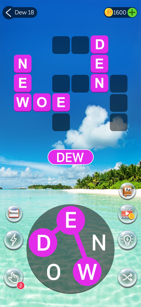 Crossword Quest - Word Puzzles - Crossword Quest gameplay showing a word puzzle grid and letter wheel over a tropical beach background