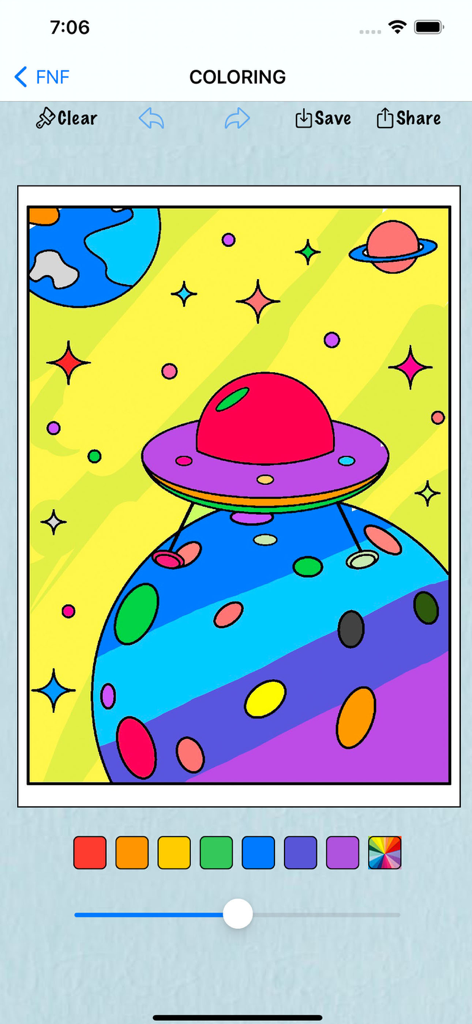 Coloring Book for Horror Anime - Interfaz de aplicación de coloreado digital que presenta una colorida ilustración espacial con un OVNI y planetas