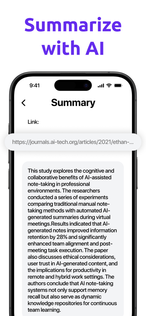 Interfaz de la aplicación AI Note Taker mostrando un resumen generado por IA de un artículo web.