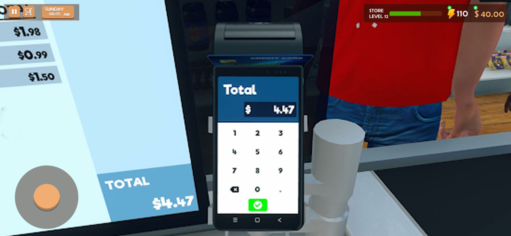 Um terminal de ponto de venda no jogo de compras de supermercado mostrando um total de pagamento de quatro dólares e quarenta e sete centavos