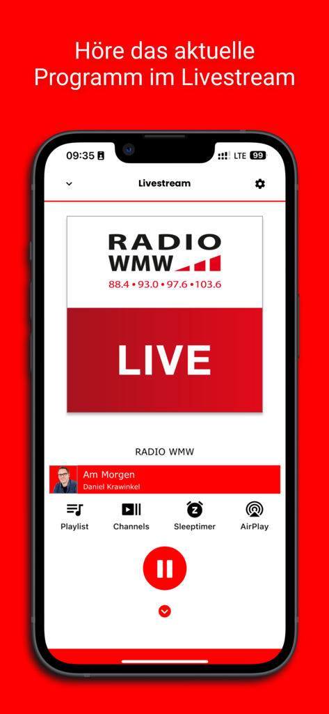 Ein Smartphone zeigt die Live-Radio-Stream-Oberfläche der RADIO WMW App mit einem rot-weißen Thema.