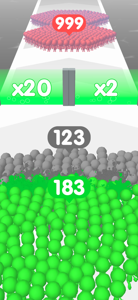 Eine Menge grüner Stickmen läuft durch Multiplikator-Tore auf eine große Gruppe von Feinden in einem 3D-Runner-Spiel zu.