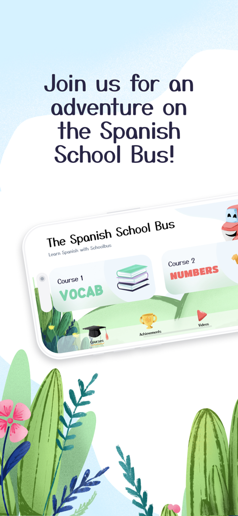 Spanish School Bus for Kids - A smartphone screen displaying the Spanish School Bus for Kids app main menu with vocabulary and numbers courses