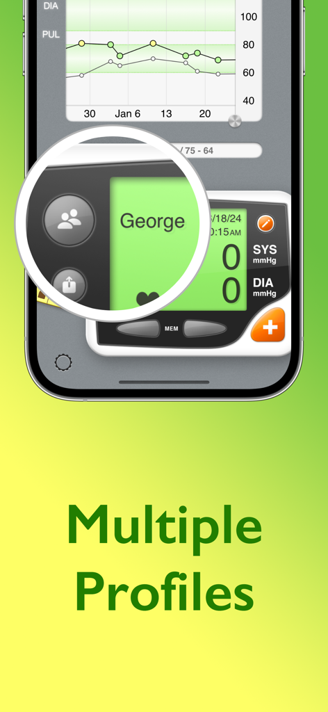 Blood Pressure: Tracker - Screenshot of Blood Pressure Tracker app highlighting the multiple profiles feature on a mobile device.