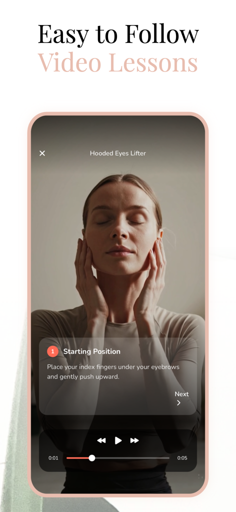 GlowLift: Face Yoga & Skincare - GlowLift app interface showing an easy to follow video lesson for a hooded eyes lifter face yoga exercise