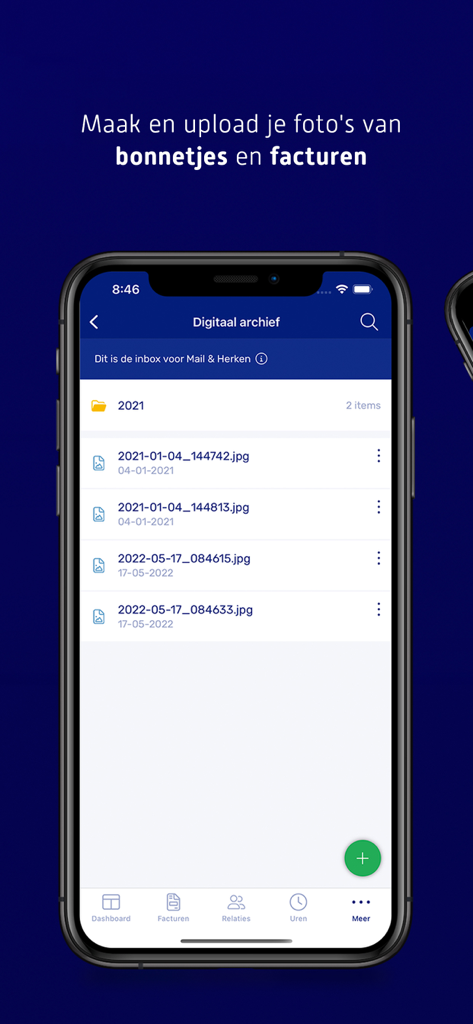 Interfaz del archivo digital de la aplicación e-Boekhouden.nl que muestra una lista de recibos y facturas de negocios escaneados.