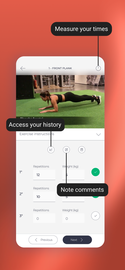 Interfaccia mobile per l'app Harbiz che mostra un registro di allenamento per un esercizio di plank frontale con opzioni per misurare il tempo, accedere alla cronologia e annotare commenti.