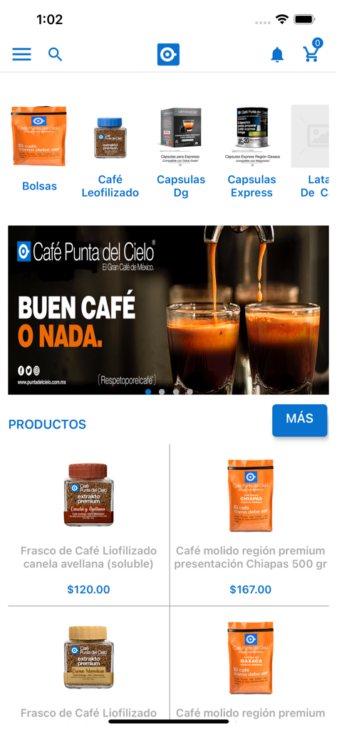 Pantalla de inicio de la aplicación móvil Cafe Punta del Cielo mostrando categorías de café y productos premium