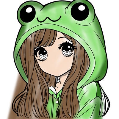 a pretty girl wearing a frog hoodie portrait with long hair