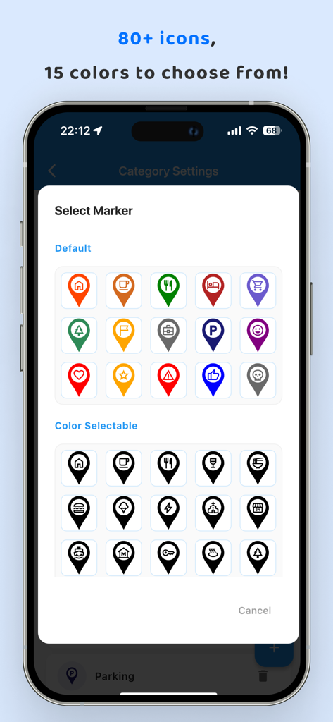 Uma tela de seleção de mais de 80 ícones e cores de marcadores de mapa personalizados na interface do aplicativo MyMap