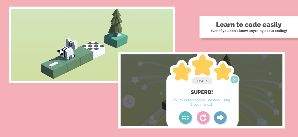 Rodocodo: Code Hour - Gameplay de Rodocodo Hora de Codar mostrando um personagem gato em blocos e uma tela de conclusão de nível de três estrelas.