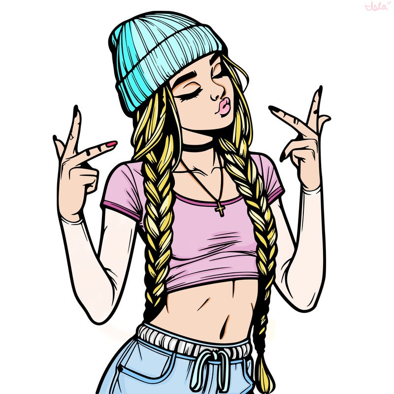 realistic teenage girl with braids and a beanie and crop top doing 🫶🏼