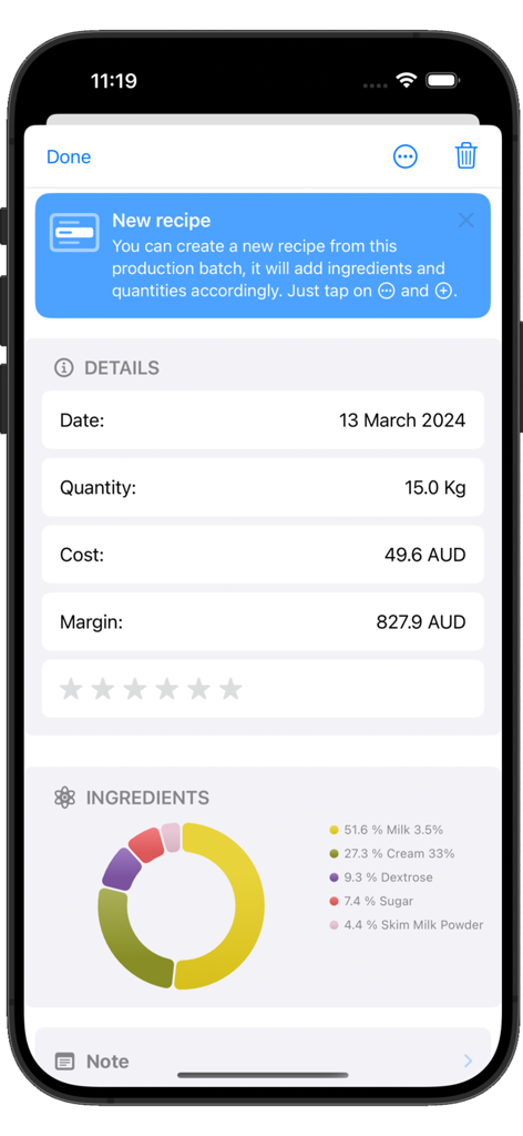 Gelato Maestro Pro: Recipe - Schermata dell'app Gelato Maestro Pro che mostra i dettagli del lotto di produzione con percentuali di ingredienti e analisi dei costi