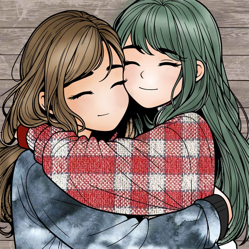 realistic two girls hugging