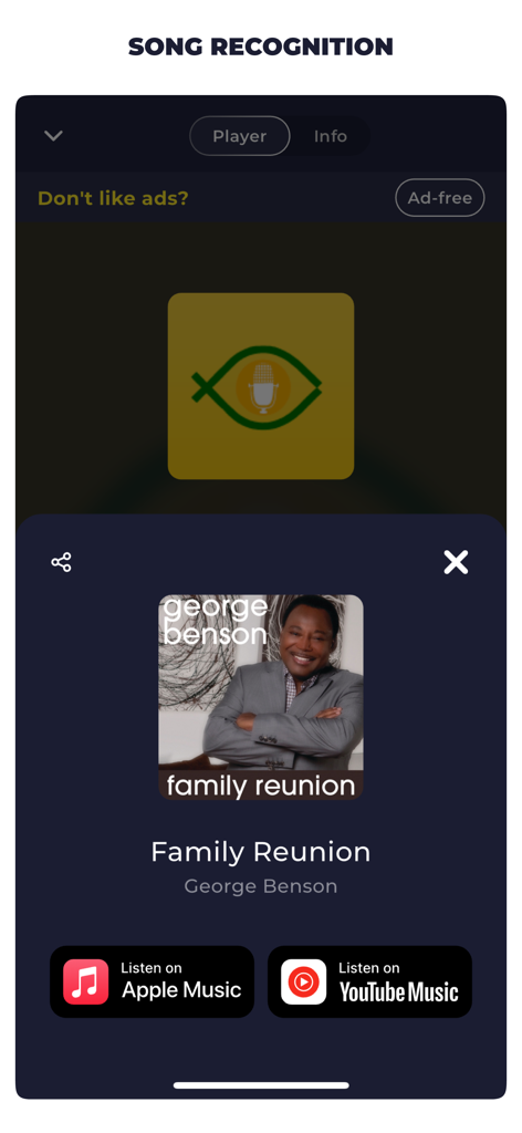 A screenshot of the Radio Haiti app showing the song recognition feature identifying a George Benson song with links to Apple Music and YouTube Music