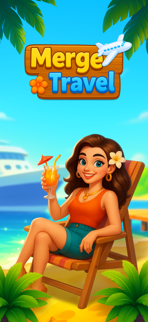 Merge Travel: Build Dream Town - A young woman relaxes on a beach chair with a cocktail and a cruise ship in the background of the Merge Travel app cover