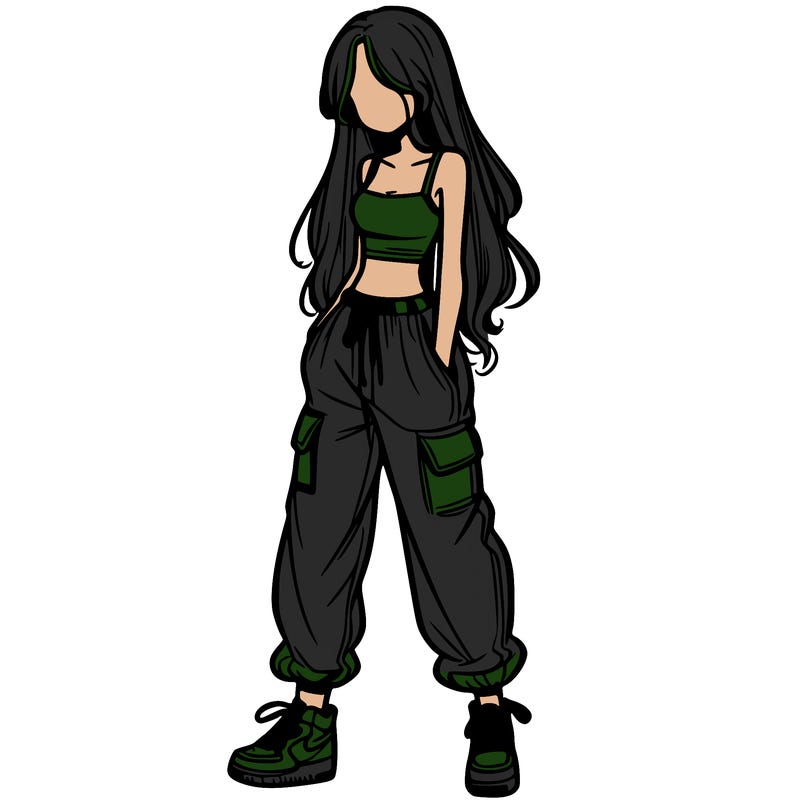 girl in baggy pants crop top and long hair