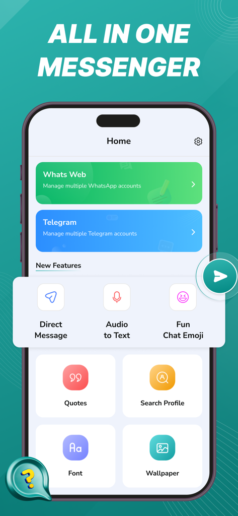 Dual Chat Messenger - GB App - Interface of Dual Chat Messenger showing multi-account management for WhatsApp and Telegram alongside messaging tools.