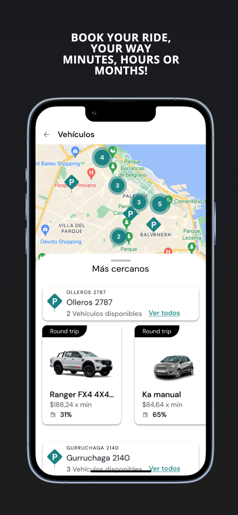 Interfaccia della mappa dell'app mobile MyKeego che mostra le posizioni di car sharing e i veicoli disponibili