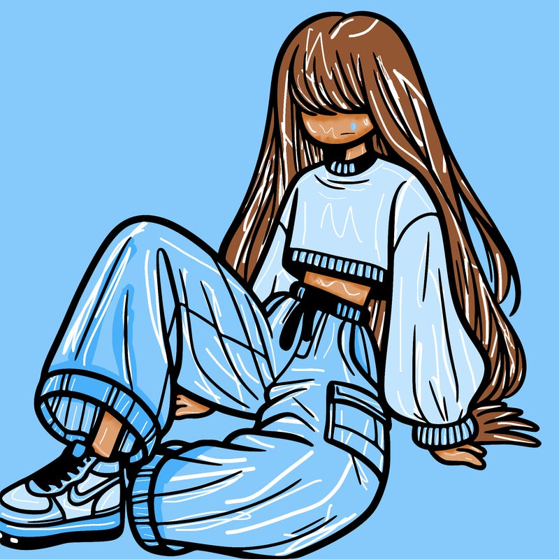 a girl with baggy pants and a crop top with long hair