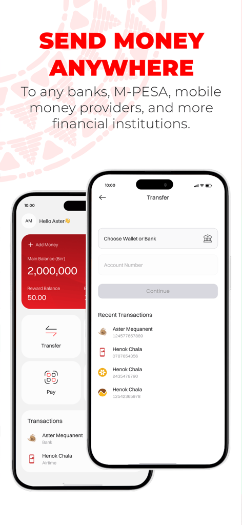 M-PESA Lehulum - Interfaz de la aplicación móvil M-PESA Lehulum para enviar dinero a bancos y billeteras móviles