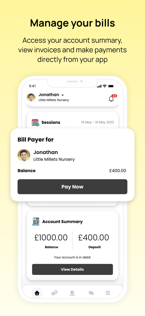 保育園サービスのアカウント概要と請求書支払い画面を表示するeyparentのモバイルアプリインターフェース