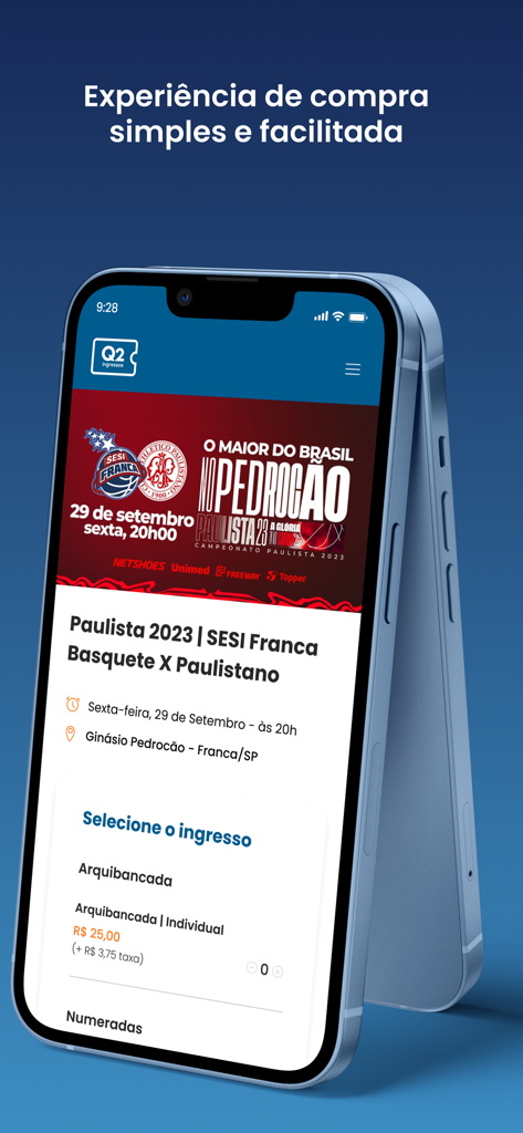 Mobile interface of the Q2 Ingressos app showing event details and ticket selection for a basketball match