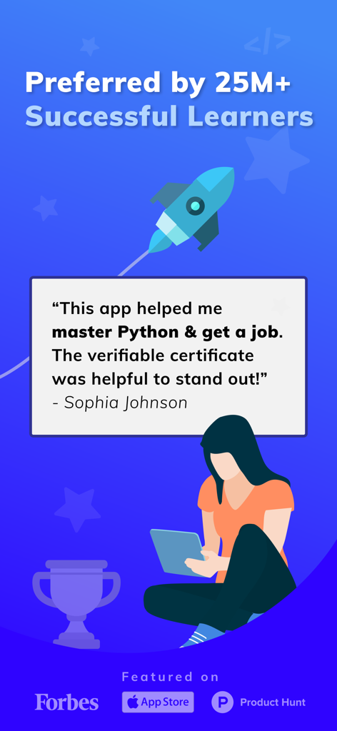 User testimonial from Sophia Johnson about mastering Python and getting a job using the Programming Hub app