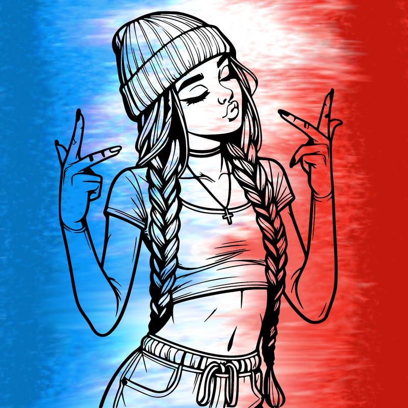 realistic teenage girl with braids and a beanie and crop top doing 🫶🏼