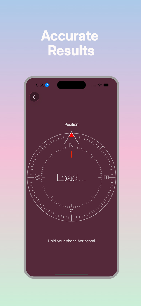 Digital compass app interface on iPhone with the heading Accurate Results