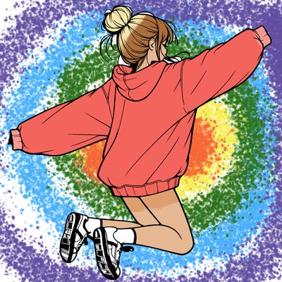 realistic girl jumping with a bun and oversized sweatshirt