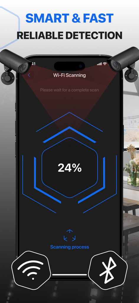 Analyzer Camera Detector Pro.X - Schermata di un'app mobile che mostra un processo di scansione Wi-Fi per rilevare telecamere nascoste e dispositivi elettronici
