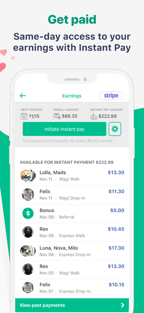 Wag! Pet Caregiver app earnings dashboard with instant pay feature