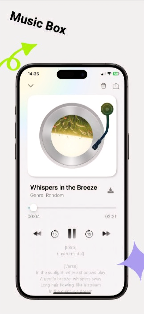 LyraAI app music player interface showing song playback and lyrics