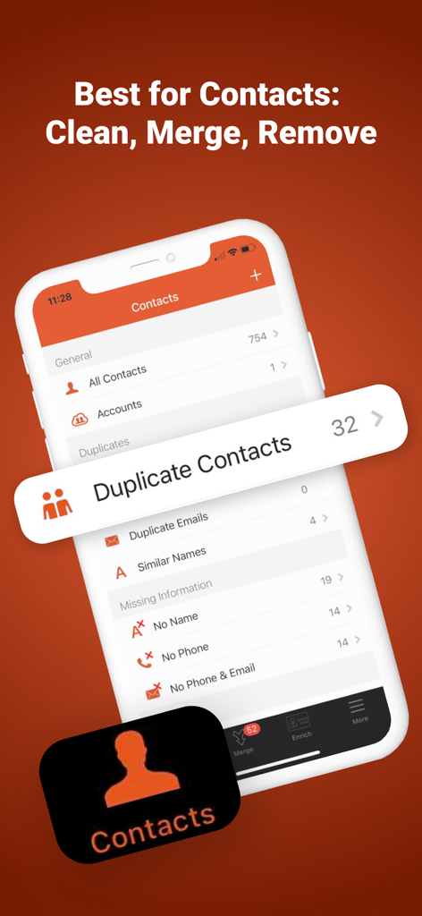 Easy Cleaner. - Interface de l'application Easy Cleaner montrant les fonctionnalités de nettoyage des contacts en double et des informations manquantes