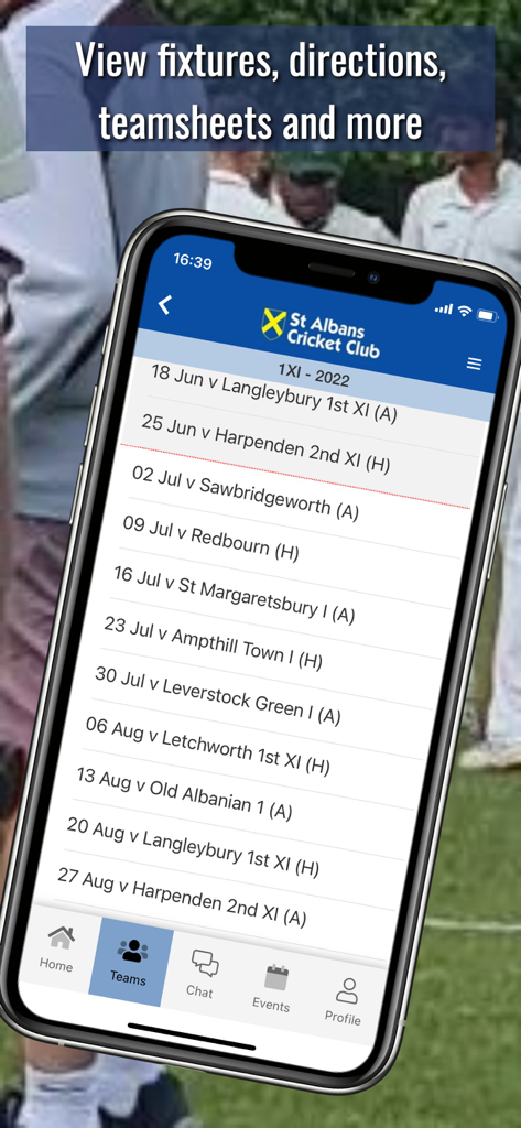 Hitssports App-Bildschirm, der eine Liste bevorstehender Sportspielpläne und Spieltermine anzeigt