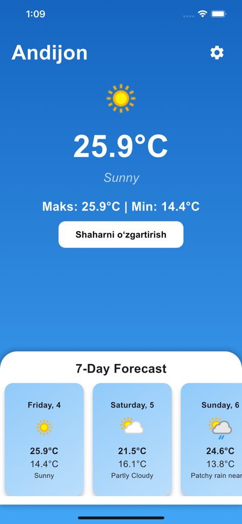 Ob havo Uzbekistan - Weather forecast for Andijon Uzbekistan showing sunny conditions
