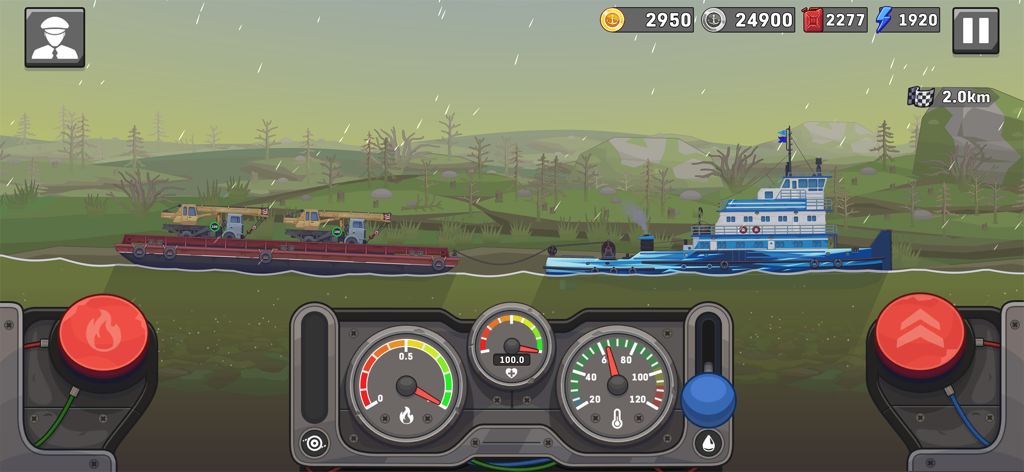 Ship Simulator: Boat Game - Jugabilidad en 2D de un remolcador remolcando una barcaza con maquinaria pesada en tiempo de lluvia