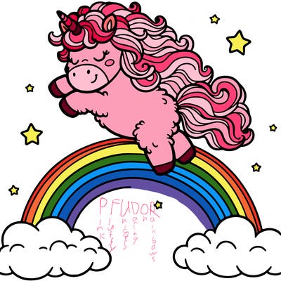 fluffy unicorn dancing on a rainbow